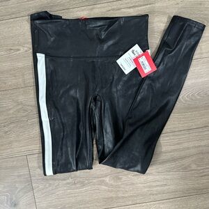 Spanx Black Faux Leather Leggings with White Stripe